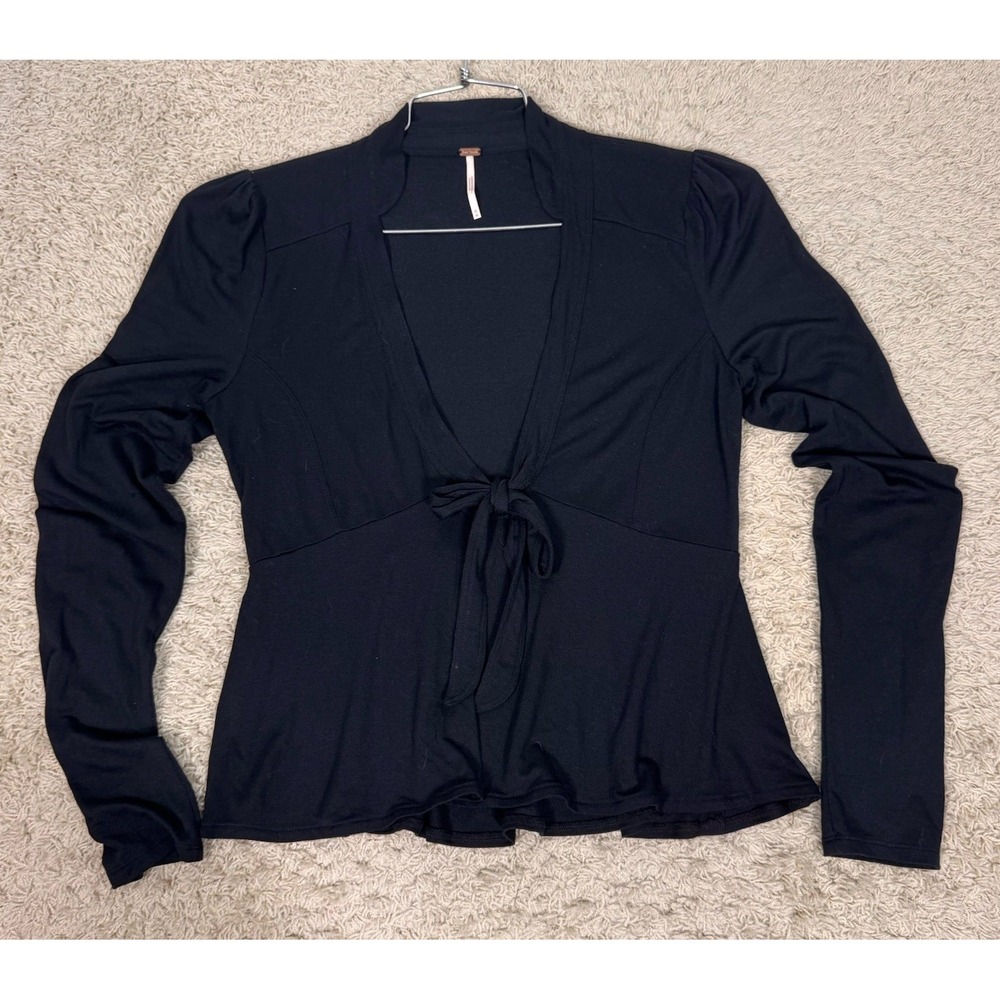 Free People Black Long Sleeve Cropped Tie Front Babydoll Top Womens M Whimsigoth